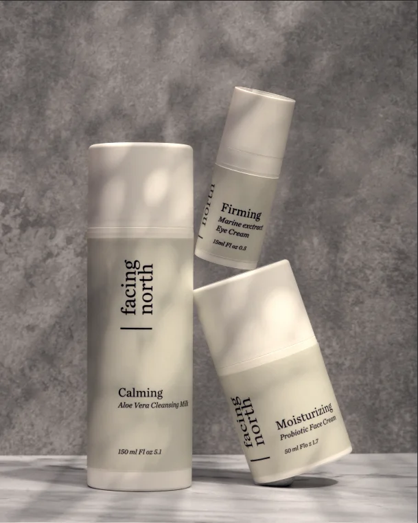 Facing North skincare bottles in sunlight