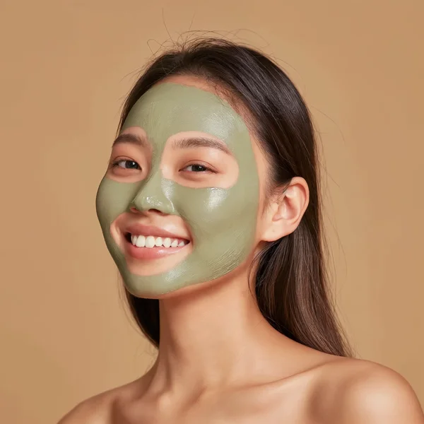 Keauty skincare campaign with a woman wearing a green face mask
