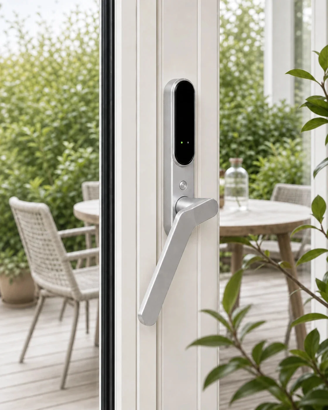 SecuYou smart lock on a patio door overlooking a garden