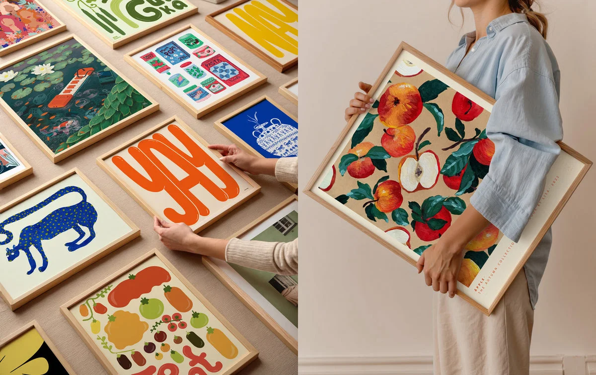 Colourful framed SoPosters prints and a woman holding a fruit print