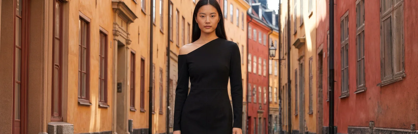 Studio Heijne model in a black one-shoulder dress on a colourful city street