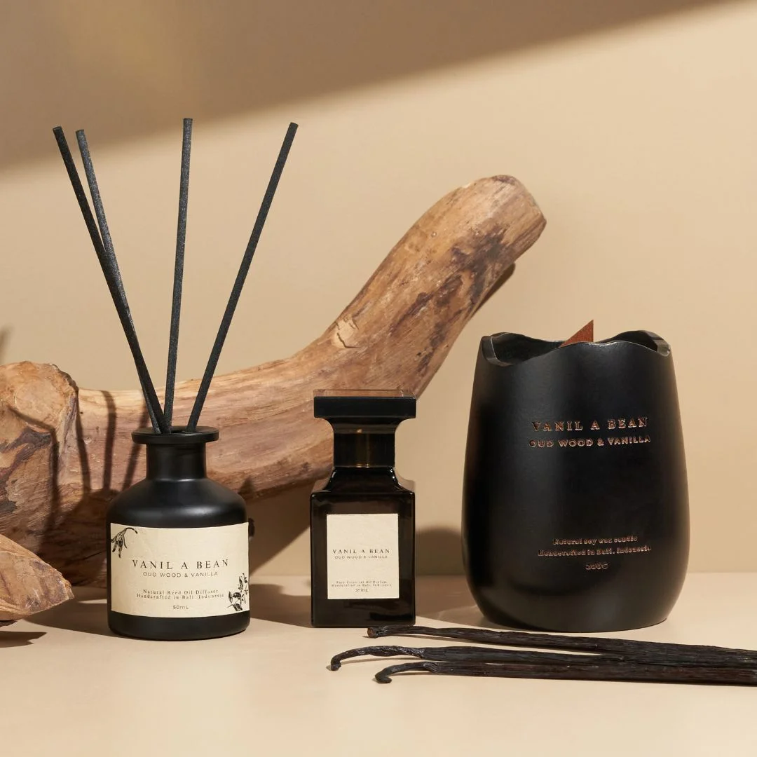 Vanil A Bean candle, reed diffuser and fragrance in warm sunlight